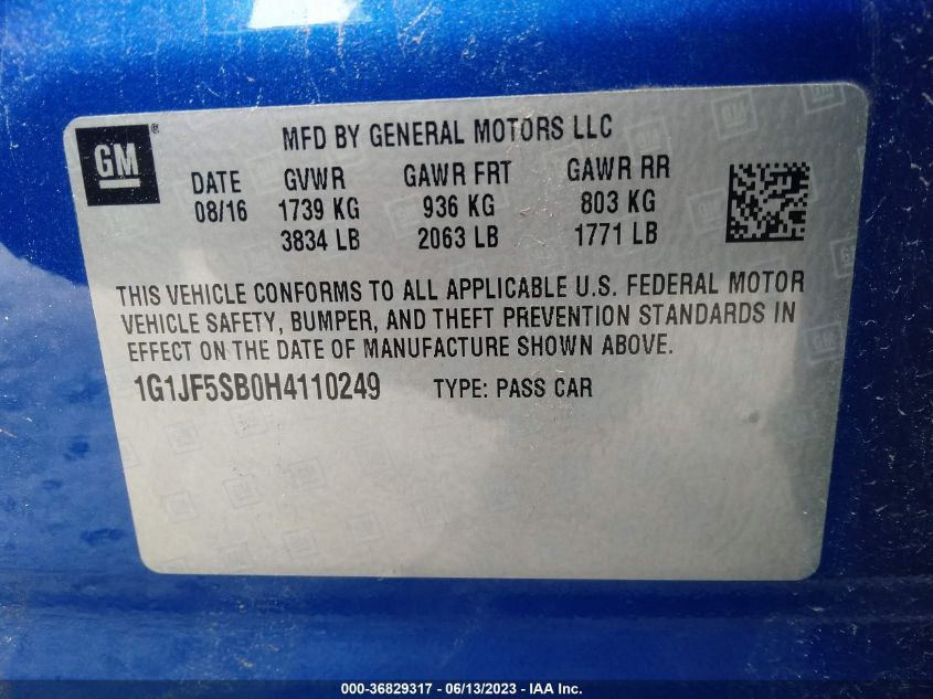 2017 CHEVROLET SONIC PREMIER - 1G1JF5SB0H4110249