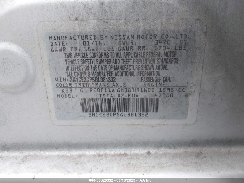 2016 NISSAN VERSA NOTE S/S PLUS/SV/SR/SL - 3N1CE2CP5GL381332