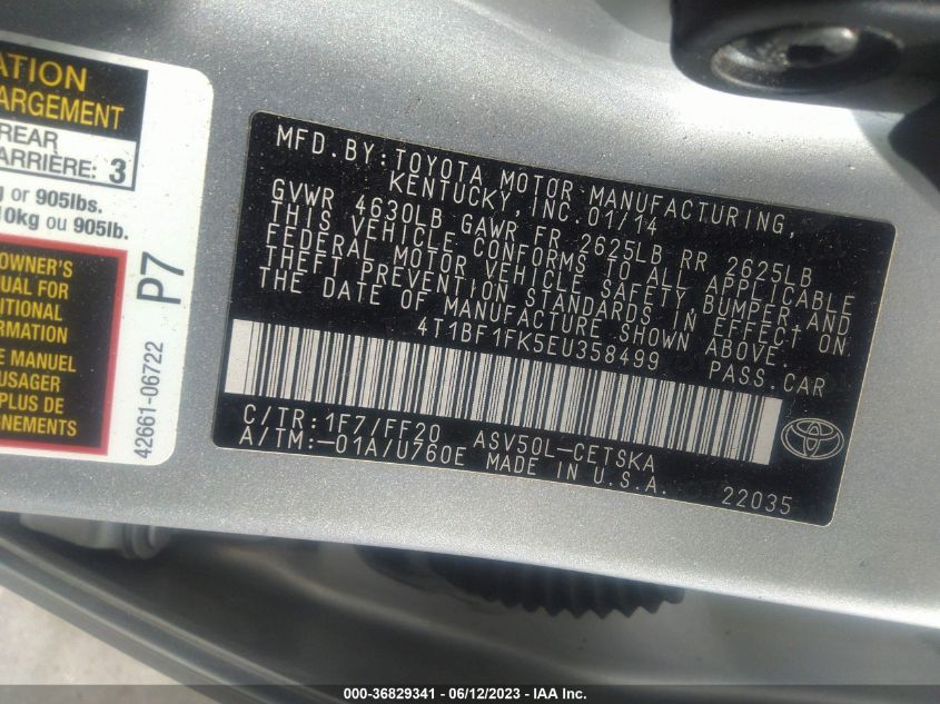 2014 TOYOTA CAMRY L/LE/XLE/SE/SE SPORT - 4T1BF1FK5EU358499