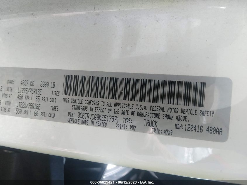 2019 RAM PROMASTER CARGO VAN - 3C6TRVCG9KE517971
