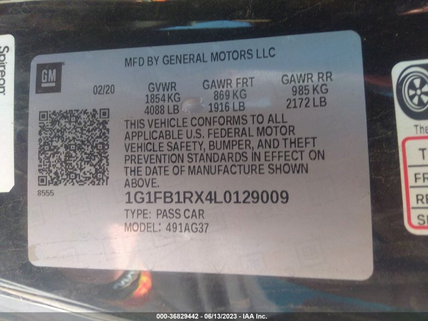 2020 CHEVROLET CAMARO 1LS - 1G1FB1RX4L0129009