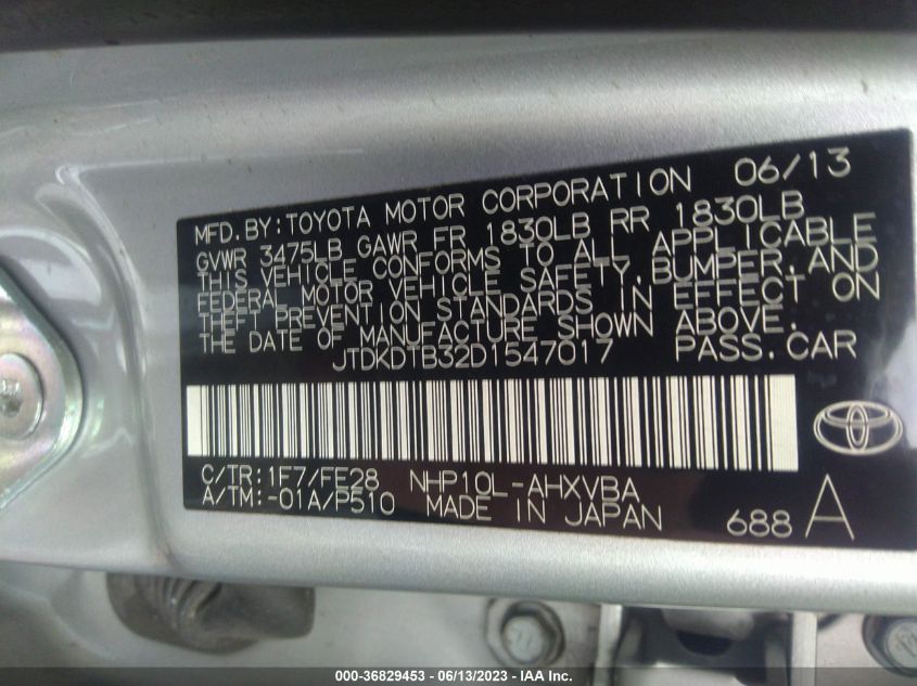 2013 TOYOTA PRIUS C ONE/TWO/THREE/FOUR - JTDKDTB32D1547017