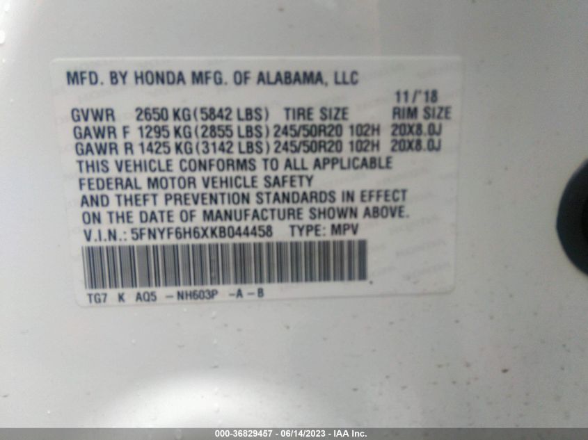 2019 HONDA PILOT TOURING 7-PASSENGER - 5FNYF6H6XKB044458
