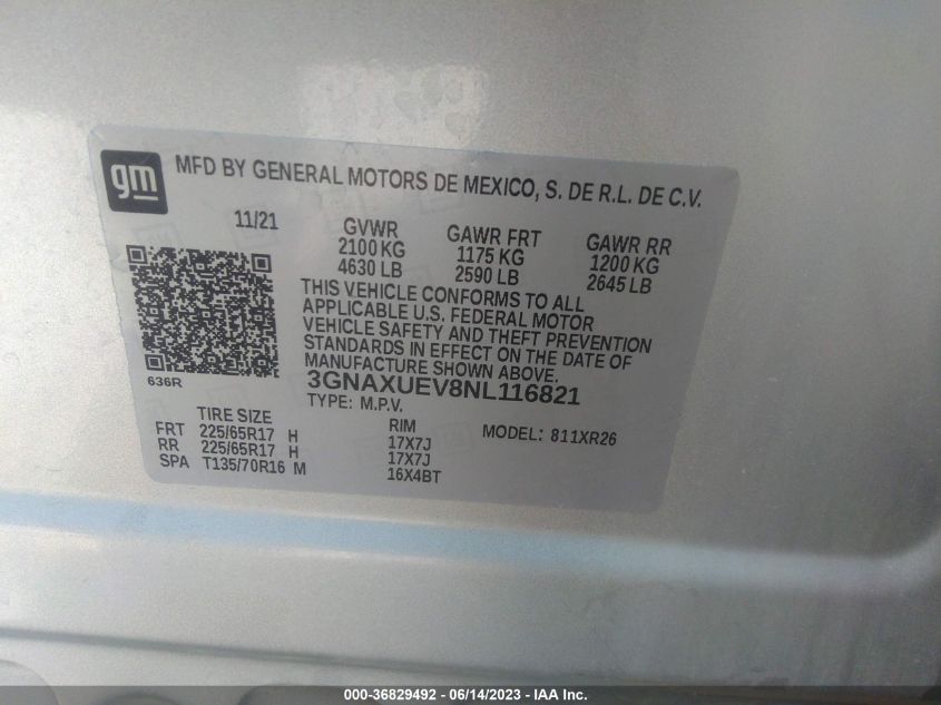 2022 CHEVROLET EQUINOX LT - 3GNAXUEV8NL116821
