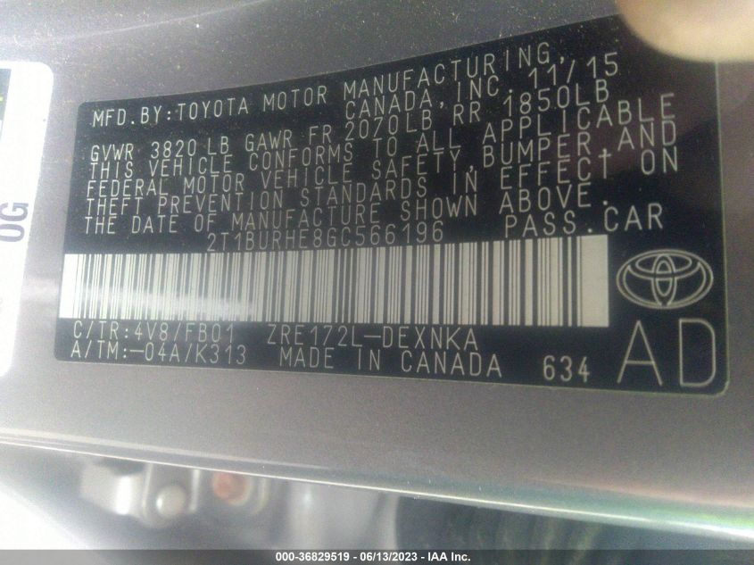 2016 TOYOTA COROLLA L/LE/S/S PLUS/LE PLUS - 2T1BURHE8GC566196