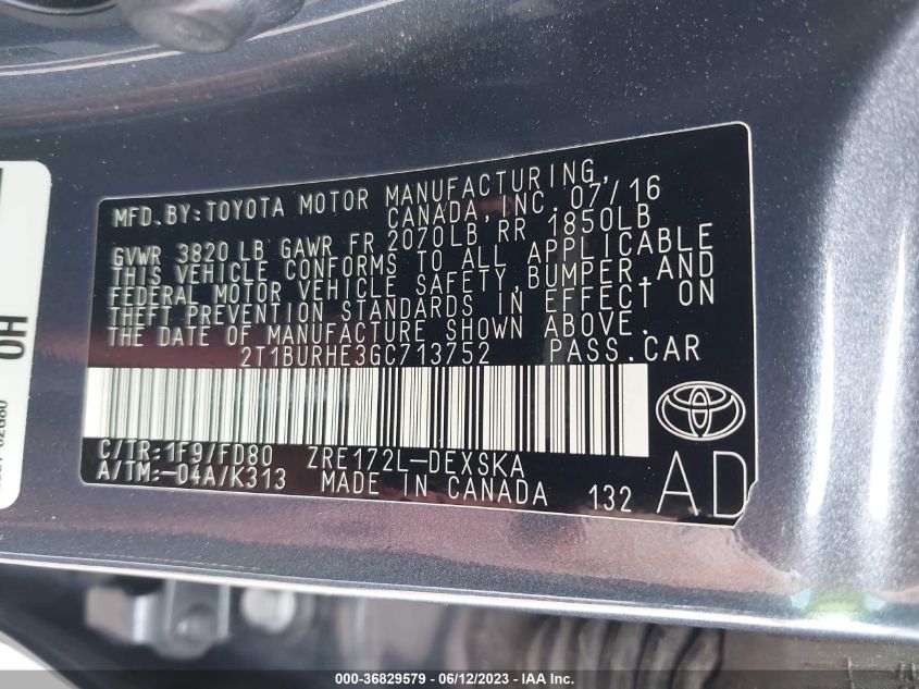 2016 TOYOTA COROLLA L/LE/S/S PLUS/LE PLUS - 2T1BURHE3GC713752