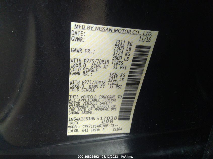 2017 NISSAN TITAN SV/SL/PRO-4X/PLAT RES - 1N6AA1E51HN517038