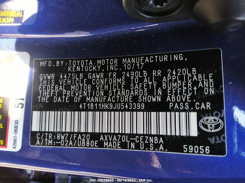 2018 TOYOTA CAMRY LE/SE/XLE/L - 4T1B11HK9JU543399