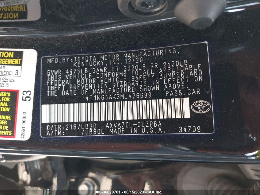 2021 TOYOTA CAMRY XSE - 4T1K61AK3MU426689