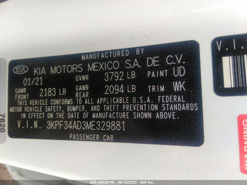 2021 KIA FORTE GT-LINE - 3KPF34AD3ME329881