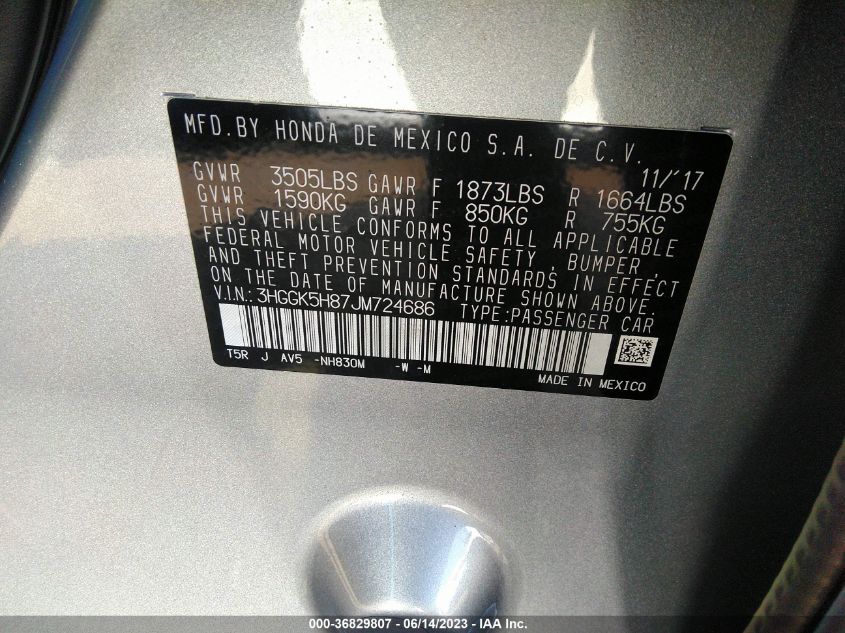 2018 HONDA FIT EX - 3HGGK5H87JM724686
