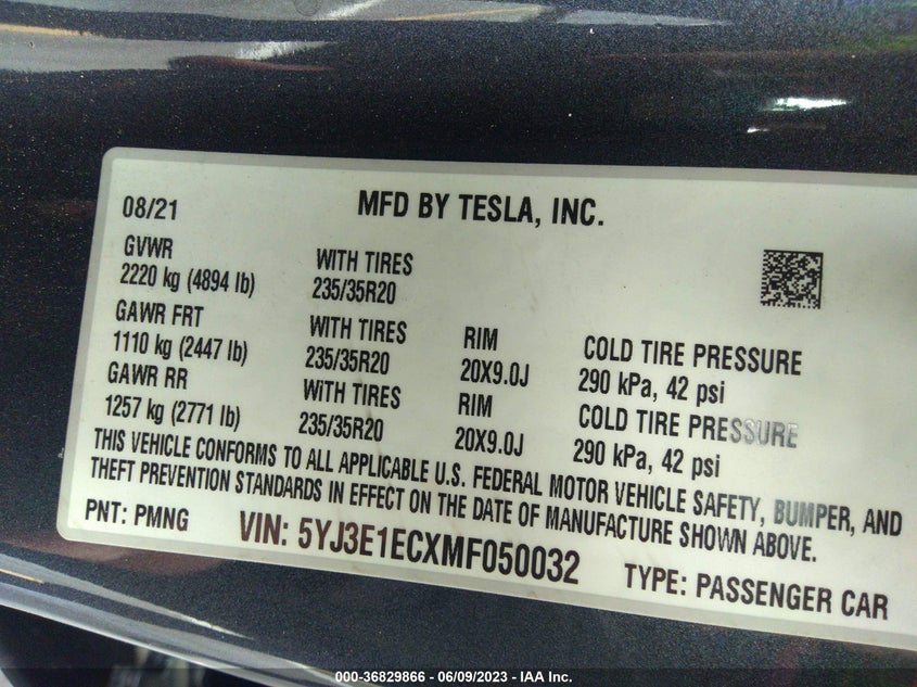 VIN 5YJ3E1ECXMF050032 2021 TESLA MODEL 3 PERFORMANCE