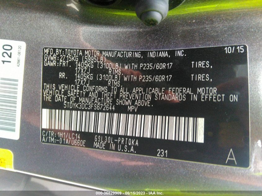 2015 TOYOTA SIENNA XLE/XLE AAS/LTD - 5TDYK3DC3FS672644