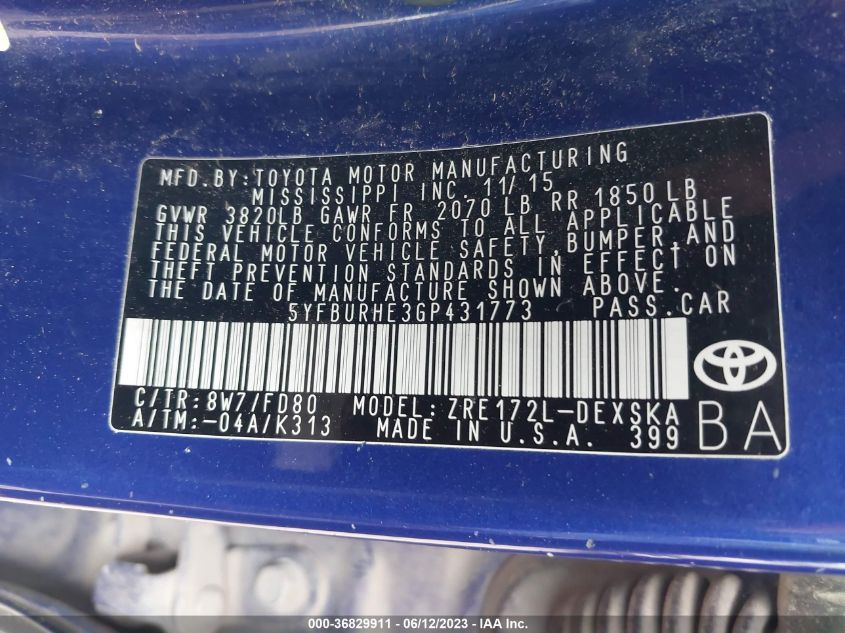 2016 TOYOTA COROLLA L/LE/S/S PLUS/LE PLUS - 5YFBURHE3GP431773