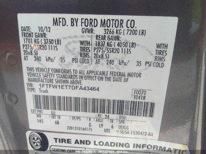 2013 FORD F-150 XL/XLT/FX4/LARIAT - 1FTFW1ET7DFA43464