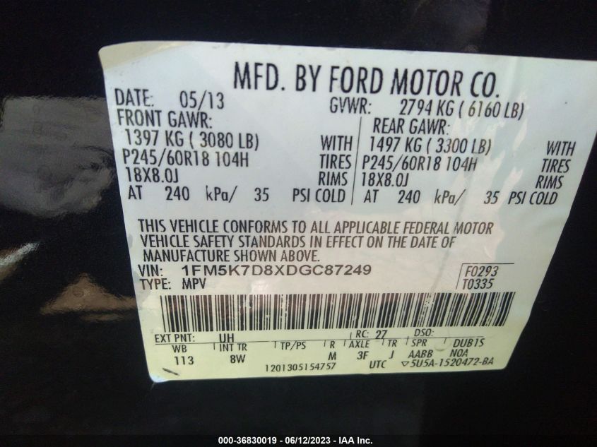 2013 FORD EXPLORER XLT - 1FM5K7D8XDGC87249