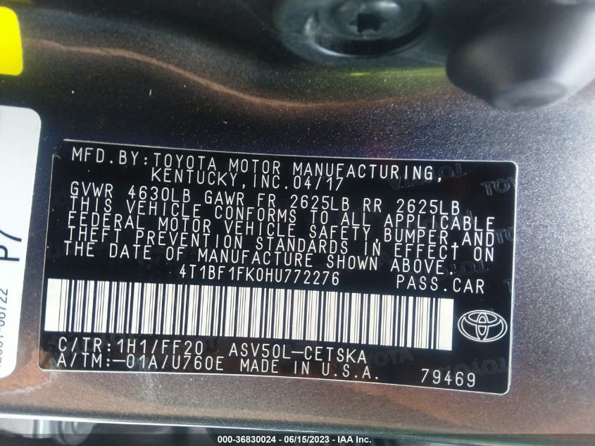 2017 TOYOTA CAMRY XLE/SE/LE/XSE - 4T1BF1FK0HU772276