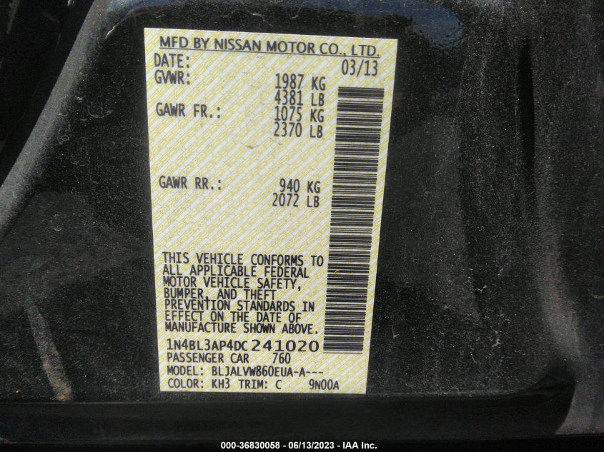 2013 NISSAN ALTIMA 3.5S/3.5SV/3.5SL - 1N4BL3AP4DC241020