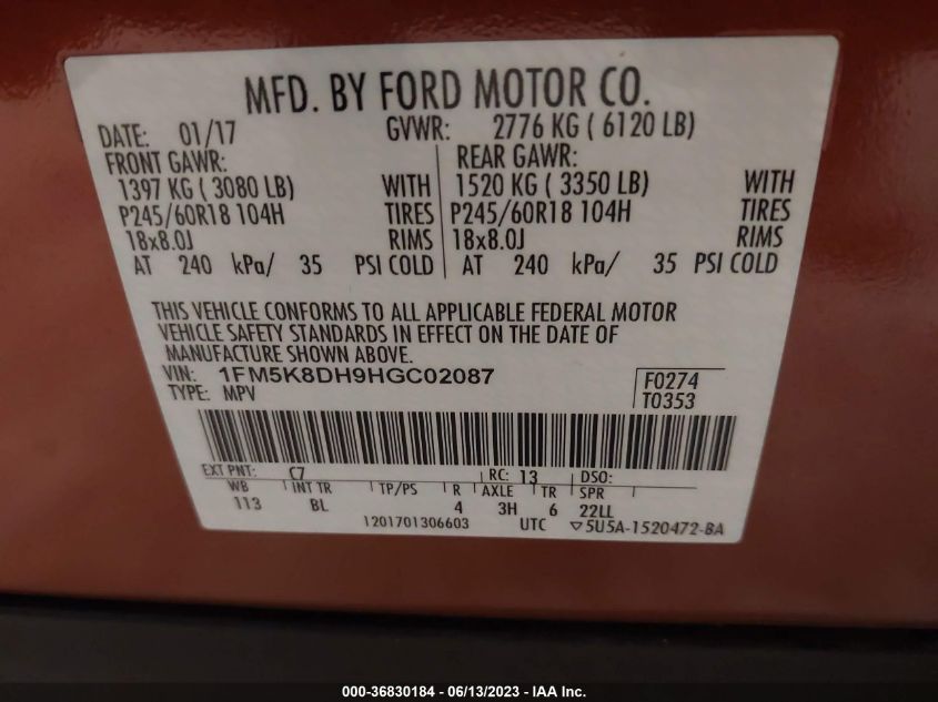 2017 FORD EXPLORER XLT - 1FM5K8DH9HGC02087