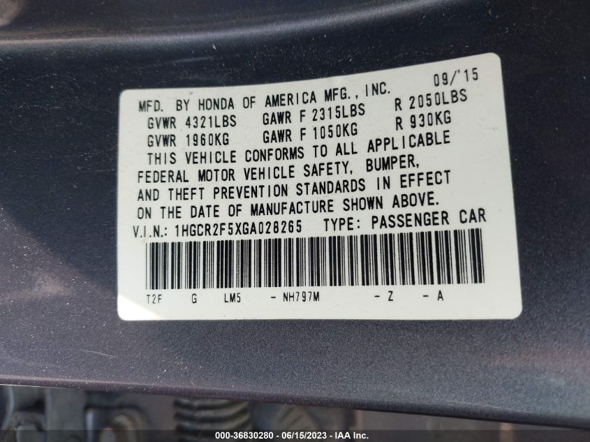 2016 HONDA ACCORD SEDAN SPORT - 1HGCR2F5XGA028265