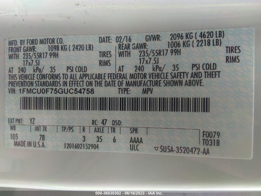 2016 FORD ESCAPE S - 1FMCU0F75GUC54758