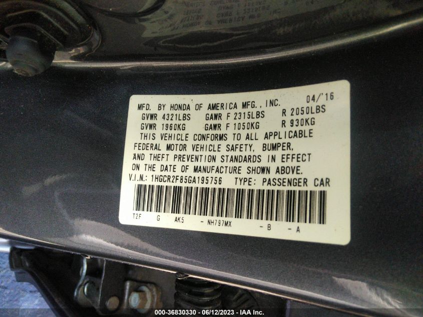2016 HONDA ACCORD SEDAN EX-L - 1HGCR2F85GA195756