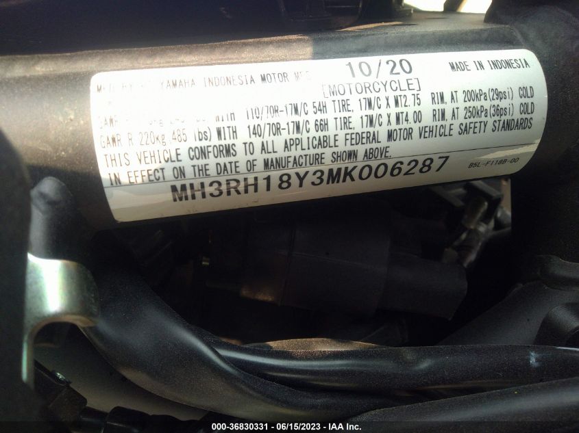 2021 YAMAHA YZFR3 A MH3RH18Y3MK006287