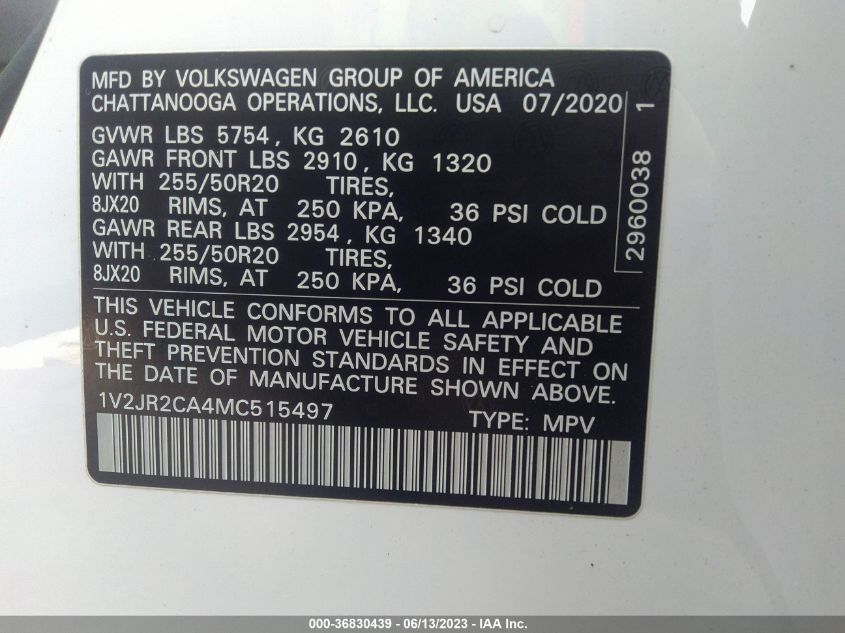 2021 VOLKSWAGEN ATLAS 3.6L V6 SE W/TECHNOLOGY - 1V2JR2CA4MC515497