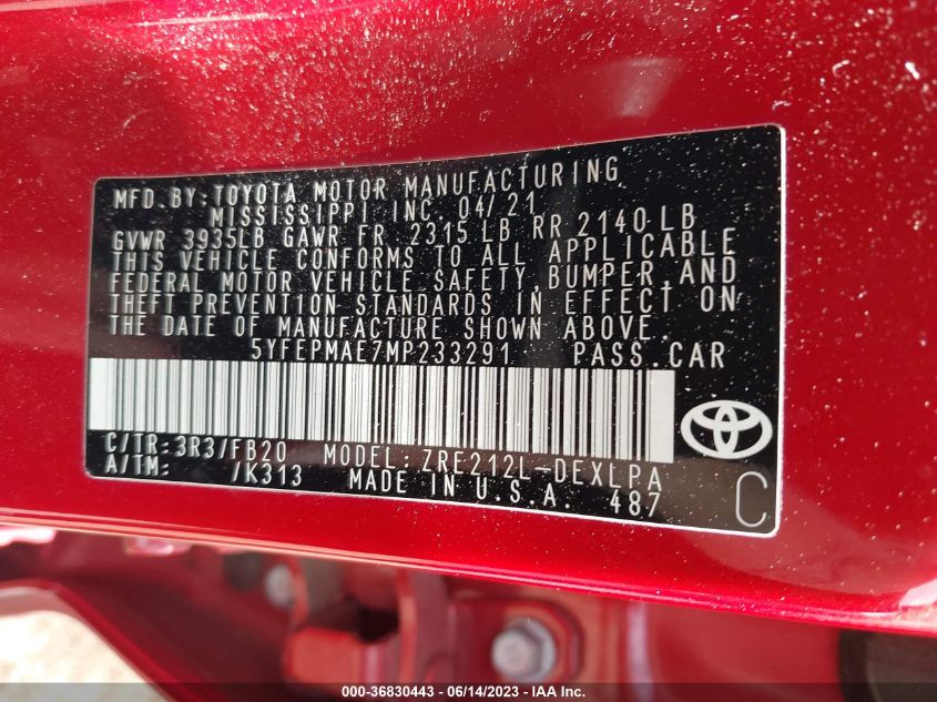 2021 TOYOTA COROLLA LE - 5YFEPMAE7MP233291