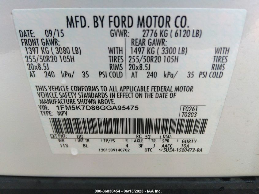 2016 FORD EXPLORER XLT - 1FM5K7D86GGA95475