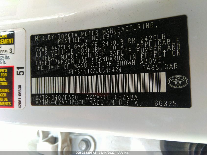 2018 TOYOTA CAMRY LE - 4T1B11HK7JU515424