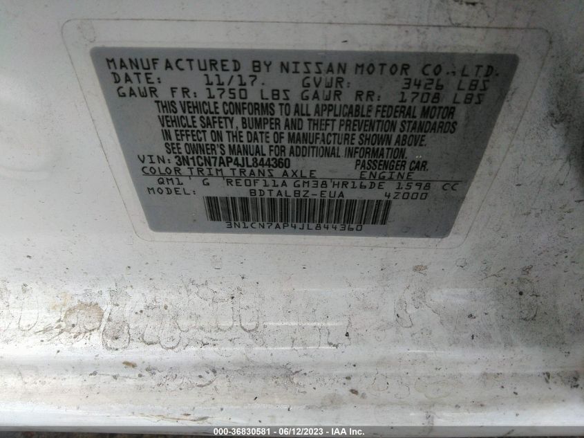 2018 NISSAN VERSA SEDAN SV - 3N1CN7AP4JL844360