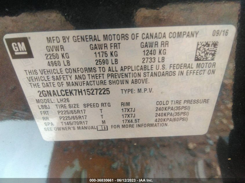 2017 CHEVROLET EQUINOX LT - 2GNALCEK7H1527225
