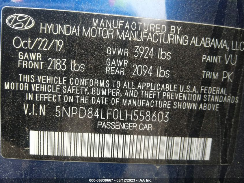 2020 HYUNDAI ELANTRA SEL - 5NPD84LF0LH558603