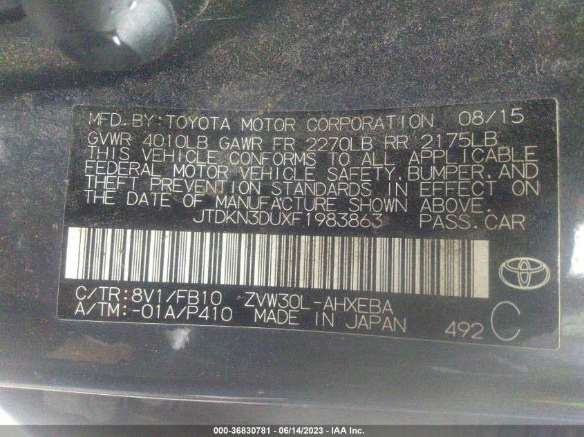 2015 TOYOTA PRIUS FOUR - JTDKN3DUXF1983863