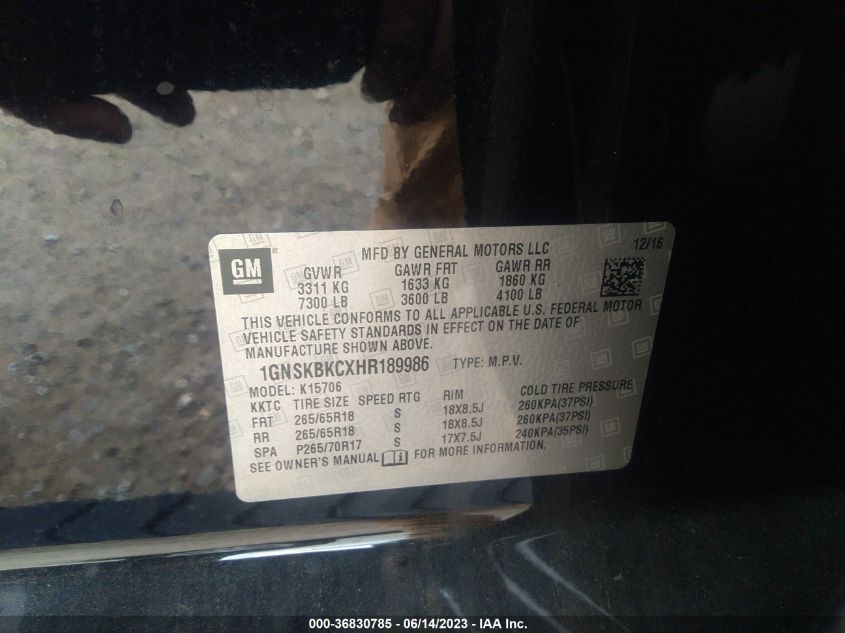 2017 CHEVROLET TAHOE LT - 1GNSKBKCXHR189986