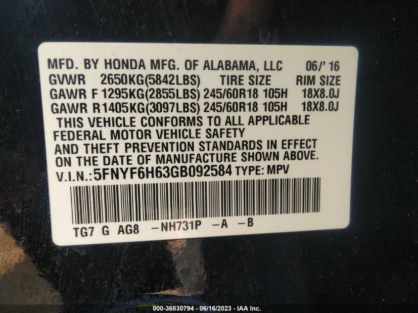 2016 HONDA PILOT EX-L - 5FNYF6H63GB092584
