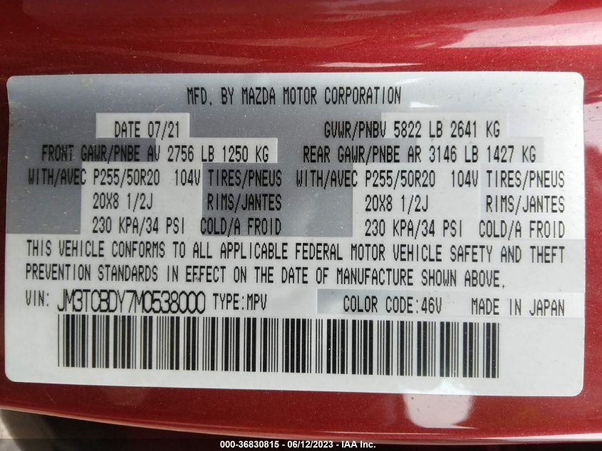2021 MAZDA CX-9 GRAND TOURING - JM3TCBDY7M0538000