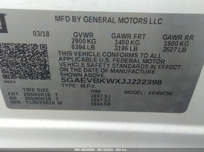 2018 BUICK ENCLAVE PREMIUM - 5GAEVBKWXJJ222398
