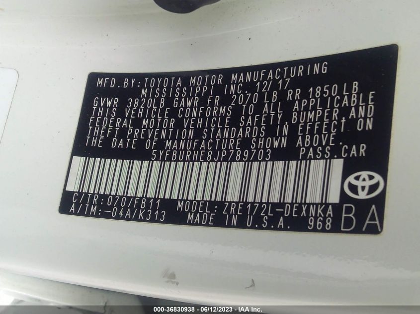 2018 TOYOTA COROLLA L/LE/XLE/SE/XSE - 5YFBURHE8JP789703