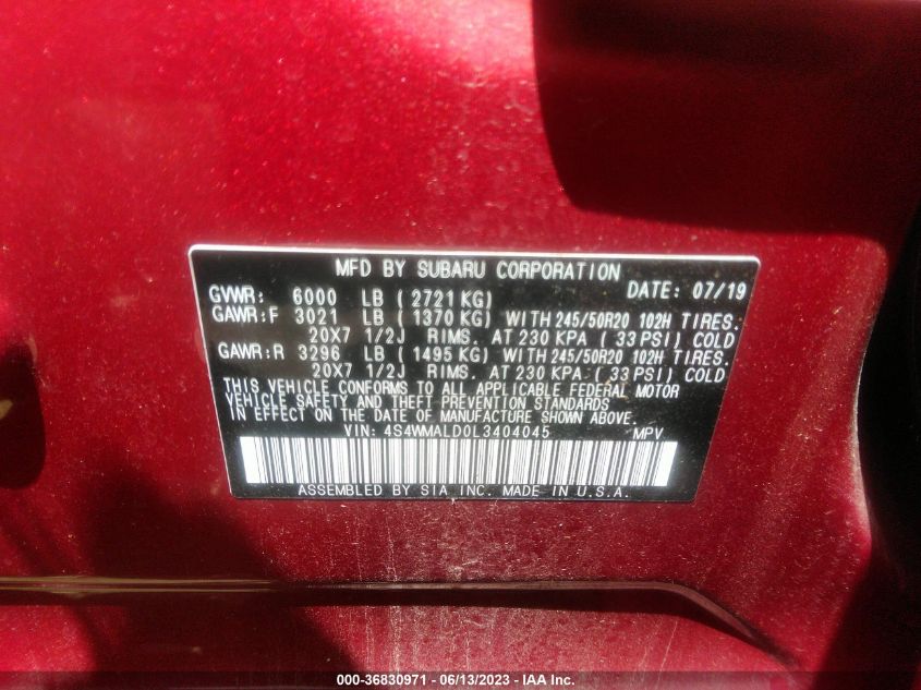 2020 SUBARU ASCENT LIMITED - 4S4WMALD0L3404045