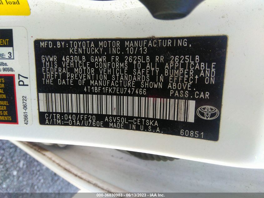 2014 TOYOTA CAMRY L/SE/LE/XLE - 4T1BF1FK7EU747466