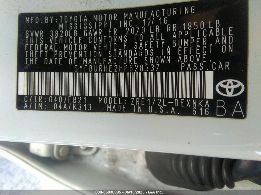 2017 TOYOTA COROLLA L/LE/XLE/SE/XSE - 5YFBURHE2HP628337