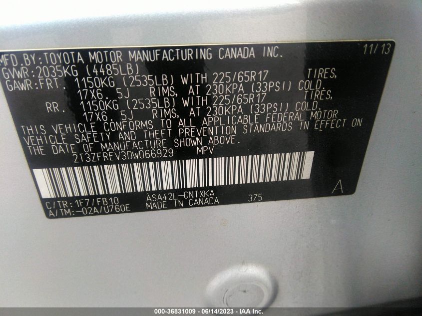 2013 TOYOTA RAV4 LE - 2T3ZFREV3DW066929