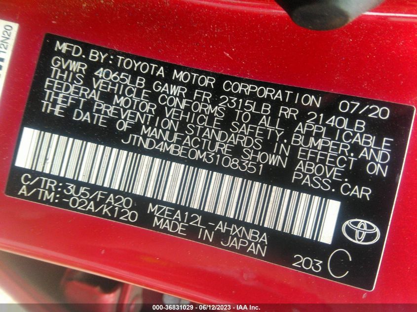 2021 TOYOTA COROLLA HATCHBACK SE/XSE/NIGHTSHADE JTND4MBE0M3108351
