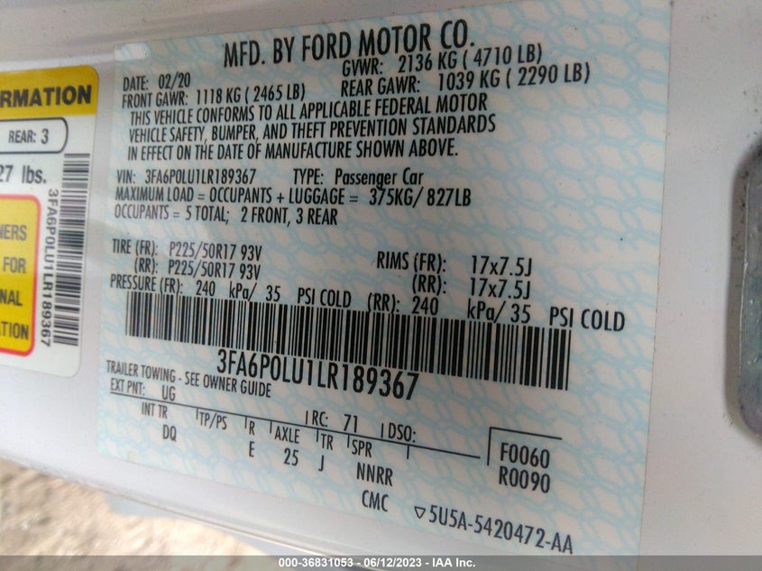 VIN 3FA6P0LU1LR189367 2020 FORD FUSION HYBRID SE