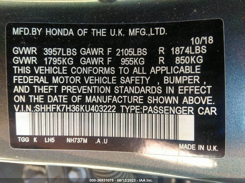2019 HONDA CIVIC HATCHBACK LX - SHHFK7H36KU403222