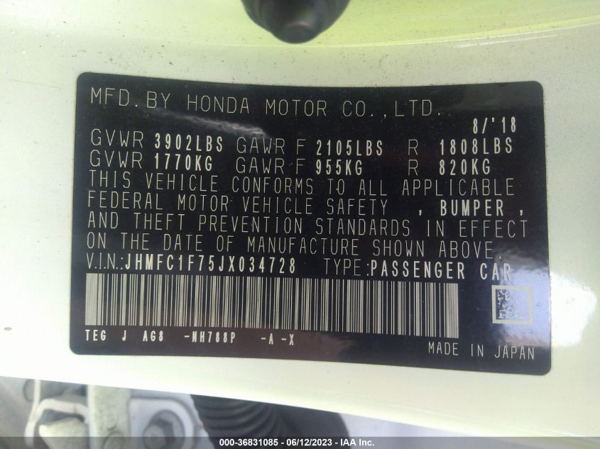 2018 HONDA CIVIC SEDAN EX-L - JHMFC1F75JX034728