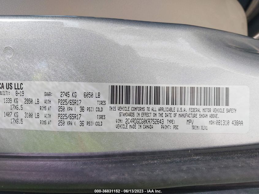 2019 DODGE GRAND CARAVAN SXT - 2C4RDGCG0KR752643
