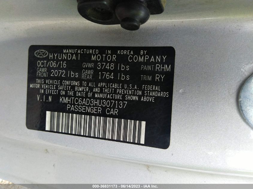 2017 HYUNDAI VELOSTER - KMHTC6AD3HU307137
